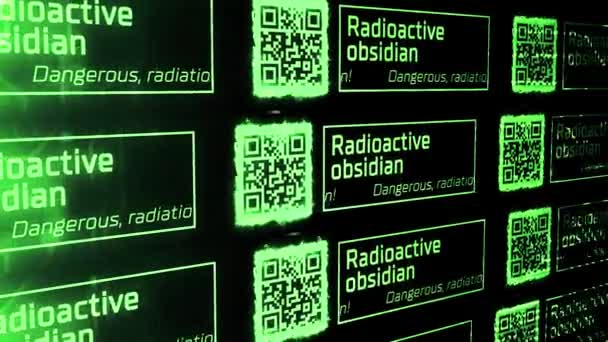 Waarschuwing voor nucleaire straling met qr-codes op een zwarte achtergrond. Beweging. Abstract concept van atoomradioactief alarm, naadloze lus. — Stockvideo