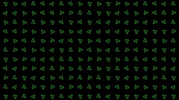 Stessa dimensione girando triangoli verdi al neon su uno sfondo nero, anello senza soluzione di continuità. Mozione. Modello geometrico simmetrico con file di figure e linee. — Foto Stock