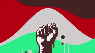 Çizgi film soyut erkek karakter yumruğu parlak dalgalı arka planda yükseliyor. Animasyon. Süper kahramanlar, çizgi romanlar ve filmler kavramı.