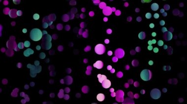 Siyah bir arka planda, pürüzsüz bir döngü üzerine düşen renkli daireler. Hareket. Yukarıdan aşağıya hareket eden küçük dairesel şekillerin polka nokta deseni.