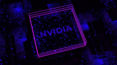 Soyut teknolojik arka plan Nvidia şirket logosu. Hareket. İşlemci yonga setindeki 3 boyutlu yapay zeka merkezi işlemci ünitesi ve veri trafik ışığı olan elektrik devre kartı. Çünkü...