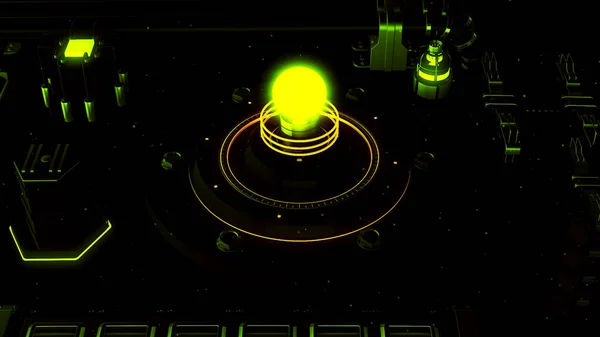 Tableau de bord futuriste ultra détaillé de la machine abstraite avec une ampoule et autres boutons. Motion. Technologies spatiales extraterrestres. — Photo