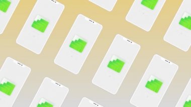 Her ekranda klasör simgeleri olan akıllı telefon satırları. Hareket. Elektronik aygıt için yeni bir uygulama sunumu.