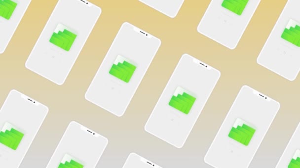 Lignes de smartphone avec des icônes de dossier sur chaque écran. Motion. Présentation d'une nouvelle application pour les appareils électroniques. — Video