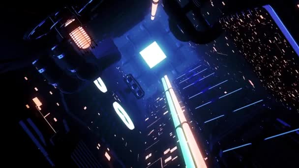 Alien futurista nave espacial interior com luzes cintilantes, loop sem costura. Moção. Corredor escuro de ficção científica com a luz no fim do túnel. — Vídeo de Stock