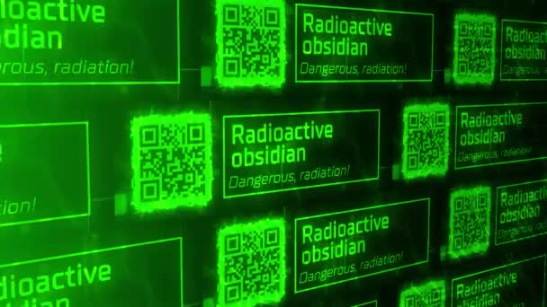Kode qr abstrak dan tulisan obsidian radioaktif. Gerak. Peringatan dari daerah berbahaya yang terinfeksi, loop mulus. — Stok Video
