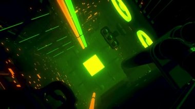 Neon ışıkları ve yanıp sönen göstergeleri olan soyut fütüristik uzaylı makinesi. Hareket. Bir uzay gemisinin içi bir koridor ya da zaman tüneli gibi görünüyor, kusursuz bir döngü..