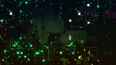 Birçok detay ve hareket eden elementi olan soyut siyah devre kartı, kusursuz döngü. Hareket. Teknolojik arka plan ve veri işlemenin görselleştirilmesi.