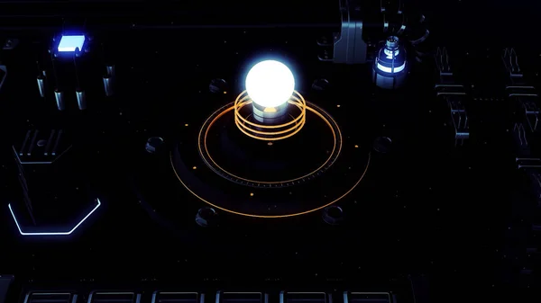 Внутренние детали инопланетного космического корабля с светящейся лампочкой. Движение. Приборная панель космического самолета с красочными кнопками и индикаторами. — стоковое фото