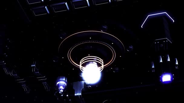 Vnitřní detaily mimozemské vesmírné lodi se zářící žárovkou. Pohyb. Palubní deska kosmických letadel s barevnými tlačítky a indikátory. — Stock video