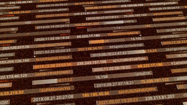 Rastgele kod ve şifre metniyle bilgisayar güvenliği kavramı. Animasyon. Verilerle paralel yatay çizgiler hareket ettirerek dijital bir tablo oluşturuluyor, dikişsiz döngü.