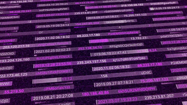 Purple moving stripes as the visualization of data transfer, technological background. Animation. Different changing coordinates and symbols, seamless loop. — Stock Photo, Image