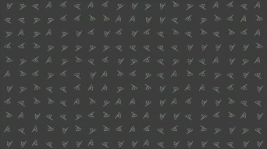 Siyah zemin üzerinde aynı boyutta dönen yeşil neon üçgenler, pürüzsüz döngü. Hareket. Şekiller ve çizgiler dizili simetrik geometrik desen.