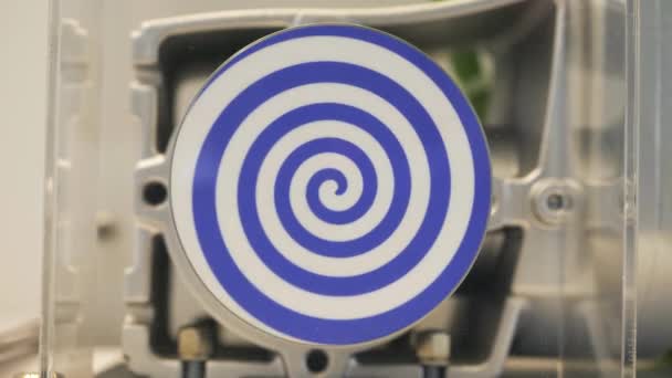 Close up of spinning mechanism creating hypnotic effect. HDR. White rotating circle with dark blue spiral, seamless loop. — Stock Video