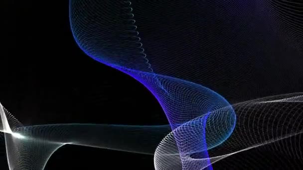 Elegant curved narrow gradient lines or strings twisting and spinning, seamless loop. Motion. Rotating transparent shapes moving chaotically on a black background. — Stock Video