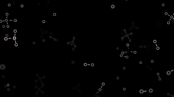Abstracte chemische formules bestaande uit benzeenringen op zwarte achtergrond, naadloze lus. Animatie. Wetenschappelijk patroon met verschijnende en vliegende formules. — Stockvideo