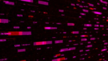 Soyut fütüristik dijital şifrelenmiş veri, istatistik monitörü görüntüsü. Animasyon. Rastgele numaralarla pembe ve kırmızı dikdörtgenler, pürüzsüz döngü.
