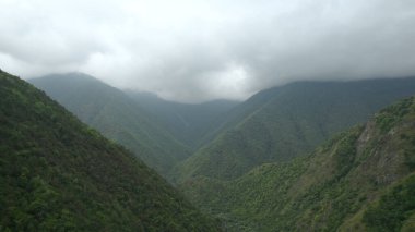 Yeşil ve bulutlu gökyüzü olan güzel dağ vadisi. Başla. Yeşillik ve alçak bulutlarla dolu dağ manzarası. Bulutlu yeşil dağlar