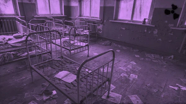Abandoned children bedroom in kindergarten, details of a ghost city in purple colors, Pripyat, Ukraine. Motion. Scary old fashioned metal beds for children inside the ruined building. — Stock Photo, Image