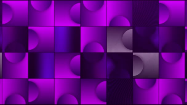 Linhas de quadrados coloridos com objetos em movimento dentro de cada um deles. Moção. Círculos aparecem em quadrados e afastar-se. — Vídeo de Stock