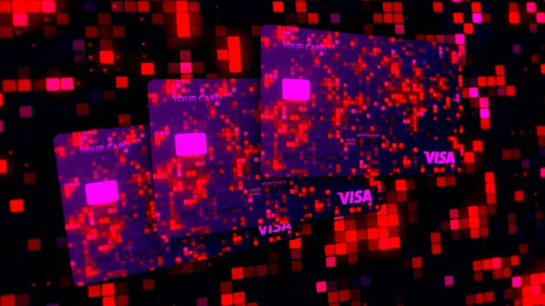 Absztrakt repülő hitelkártyák a háttérben pislákoló kis sorok négyzetek. Indítvány. Új gyönyörű stilizált színes bankkártyák sötét háttér változó és villogó négyzetek. — Stock Fotó