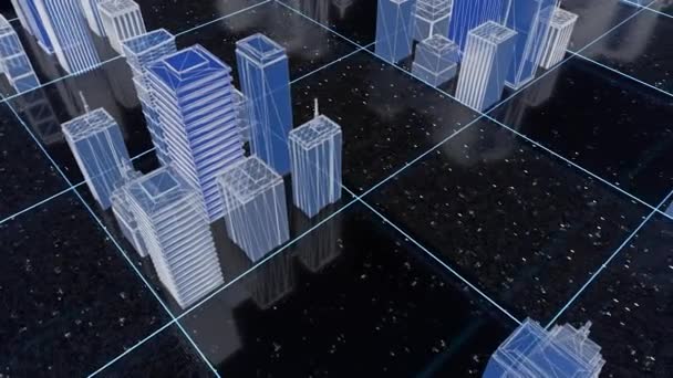 Helder mooi neon bedradingsframe van abstract digitaal stadscentrum met wolkenkrabbers op zwarte achtergrond. Beweging. Digitale technologie en business concept, 3d mock up van een stad straat. — Stockvideo