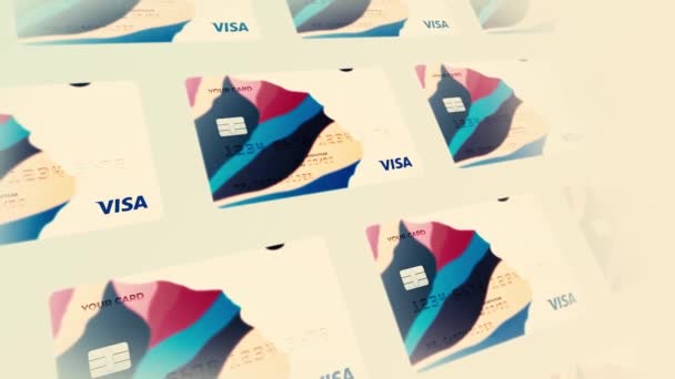 Abstracte stapel van Visa credit en debetkaarten op kleurrijke achtergrond. Beweging. Rijen van bankkaarten ter illustratie van nieuw ontwerp, concept van geld en online betaling. — Stockvideo