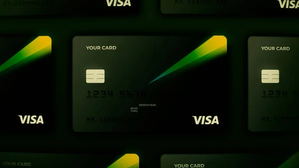 Abstract VISA cartões de crédito, conceito de investimento. Moção. Linhas de novos cartões de crédito estilizado ou débito cinza com um raio verde em movimento sobre um fundo escuro. — Fotografia de Stock