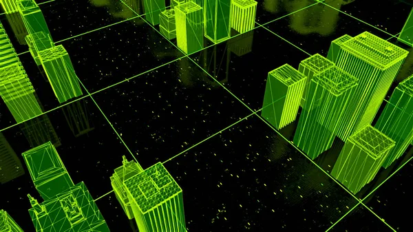 Cidade digital abstrato 3D holograma, tecnologia e conceito de conexão. Moção. Visualização de uma rua da cidade com muitos edifícios e chão transparente com partículas em movimento. — Fotografia de Stock