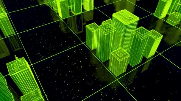 Ologramma astratto 3D della città di Digital, tecnologia e concetto di collegamento. Mozione. Visualizzazione di una strada urbana con molti edifici e terreno trasparente con particelle in movimento. — Video Stock