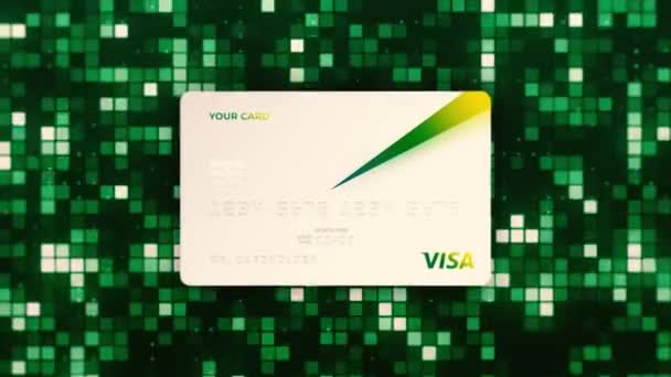 Abstraktní vízové bankovní karty na maticové zelené čtvercové pozadí. Pohyb. Limitovaná edice bankovních karet se speciálním designem. — Stock video
