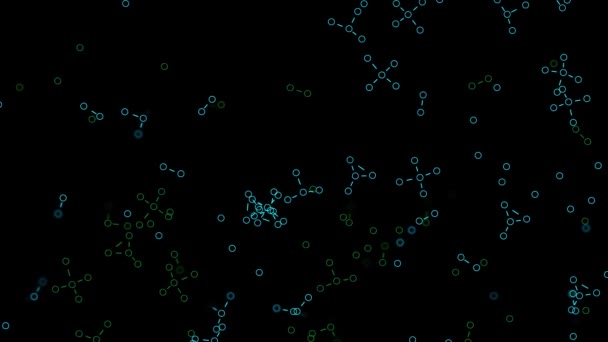 Абстрактные химические формулы, преобразующиеся на черном фоне, бесшовная петля. Анимация. Цифровые молекулы меняются на темном экране. — стоковое видео