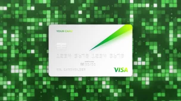 Matrix φόντο με πράσινο shimmering μικρά τετράγωνα και μια λευκή τράπεζα κάρτες. Κίνηση. Σχεδιασμός χρεωστικής ή πιστωτικής κάρτας Visa. — Αρχείο Βίντεο