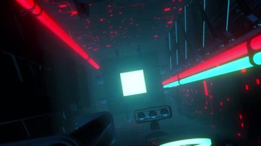 Neon boruları olan bir tünel. Hareket. Boruları olan 3 boyutlu bir tünel. Neon kanalizasyon boruları ve bodrum tünelinde parlayan alt