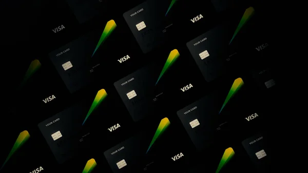 VISA信用卡，投资理念。行动。一排排带绿光的新型信用卡或借记卡在黑暗的背景下移动. — 图库照片