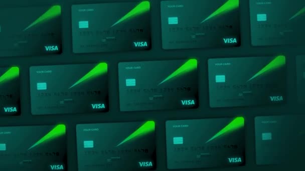 Carta di credito Visa banca layout di carte di plastica su sfondo scuro. Mozione. Nuove schede chip in molte righe con un disegno raggio brillante verde. — Video Stock