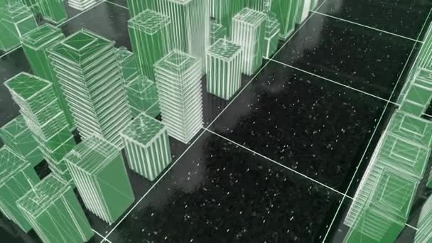 Arame de néon bonito brilhante do centro da cidade digital abstrato com arranha-céus em fundo preto. Animação. Tecnologia digital e conceito de negócio, 3d simular de uma rua da cidade. — Vídeo de Stock