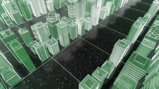 Ologramma astratto 3D della città di Digital, tecnologia e concetto di collegamento. Animazione. Visualizzazione di una strada urbana con molti edifici e terreno trasparente con particelle in movimento. — Video Stock