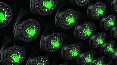 Arkaplanda dönen halkaları olan parlayan birçok lamba var. Hareket. Metal arka planında parlayan renkli lambalar olan üç boyutlu animasyon. Metal halkalar parlayan lambalar ile döner