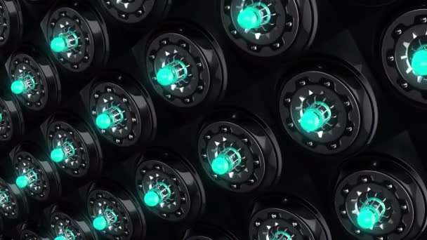 Achtergrond van roterende futuristische ringen en gloeiende lampen. Beweging. Futuristische achtergrond met draaiende ronde details van gloeilampen. Veel gloeiende lampen op metalen achtergrond — Stockvideo