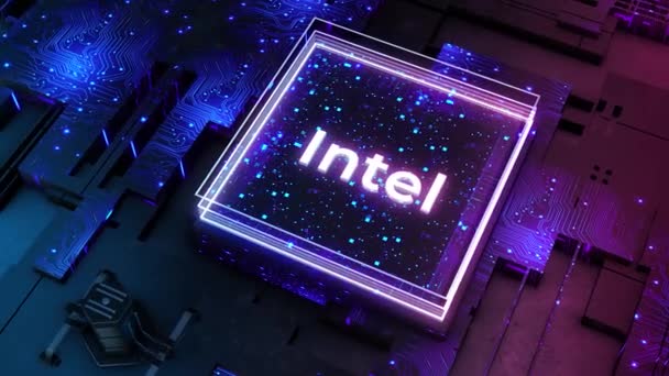 Inskrift i neonkvadrat. Rörelse. Intel bokstäver i neon kvadrat på futuristisk bakgrund. Animering av Intel bokstäver med neonlinjer och datordetaljer — Stockvideo