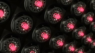 Arkaplanda dönen halkaları olan parlayan birçok lamba var. Hareket. Metal arka planında parlayan renkli lambalar olan üç boyutlu animasyon. Metal halkalar parlayan lambalar ile döner