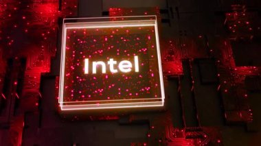 Üzerinde yazı olan neon kare. Hareket. Işıl ışıl neon arka planda şeffaf kare şeklinde istihbarat harfleri. Teknolojik ve neon ayrıntılarıyla Intel için canlandırılmış pankart