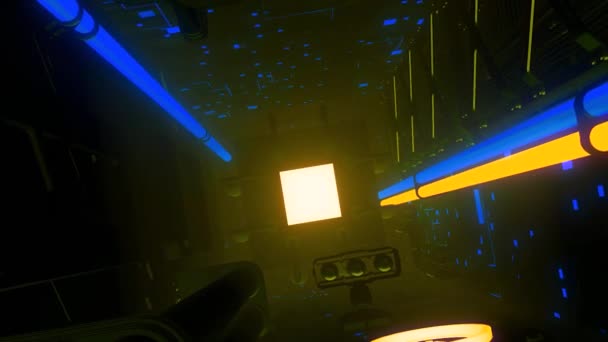 Tunnel med neonrör. Rörelse. 3D-tunnel till källare med rör. Neonrör och glödande botten i källartunneln — Stockvideo