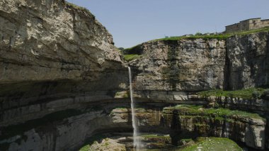 Yüksek uçurumdan dar şelale. Başla. Elden şelaleye düşen suyun en üst görüntüsü. Nehir düşer ve dağlarda şelaleye dönüşür. Dar şelaleli güzel kayalık uçurum