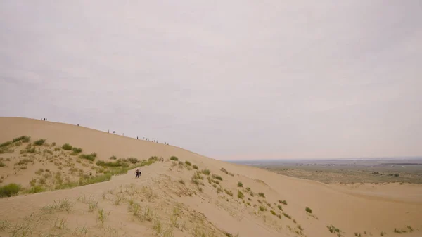 As pessoas caminham pelo cume arenoso. Acção. Turistas caminham em colinas de areia no deserto. Passeio a pé no deserto no fundo do horizonte interminável em tempo nublado — Fotografia de Stock