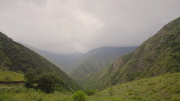 Zelené horské panorama za oblačného počasí. Akce. Malebný pohled na zelené údolí hor na pozadí zatažené oblohy. Krásné zelené hory v oblačný letní den — Stock fotografie