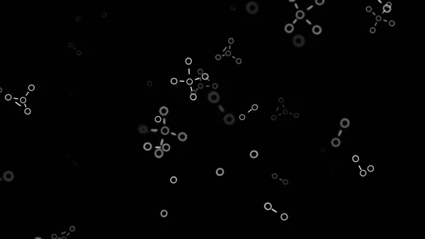 Abstrakta kemiska formler bestående av bensen ringar på svart bakgrund, sömlös loop. Animering. Vetenskapligt mönster med framträdande och flygande formler. — Stockfoto