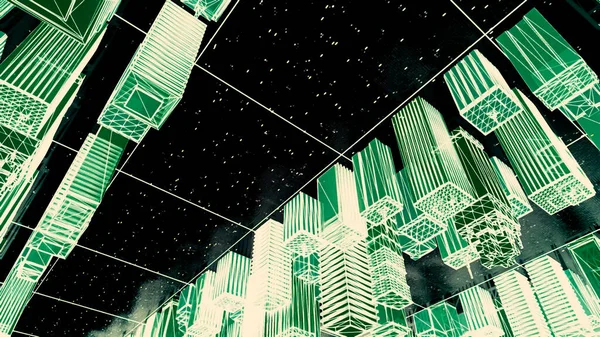 Diseño 3D abstracto de una ciudad al revés, bucle sin fisuras. Animación. Paisaje abstracto de una ciudad futurista con edificios de gran altura calles abd. —  Fotos de Stock