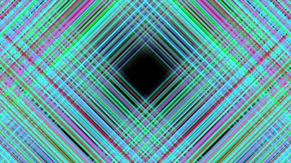 Korsa kreativitet med en virtuell tunnel som bildas av smala blå, lila och gröna linjer. Animering. Optisk illusion av en rörlig ljus tunnel med svart hål i mitten, sömlös ögla. — Stockfoto